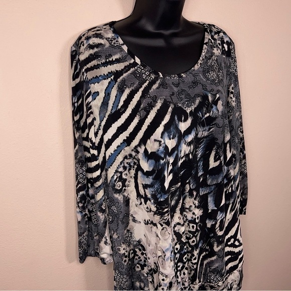 XL VINTAGE 90s PERSEPTION LEOPARD ANIMAL PRINT BLOUSE TOP STRETCH BLUE BLACK - Picture 2 of 9